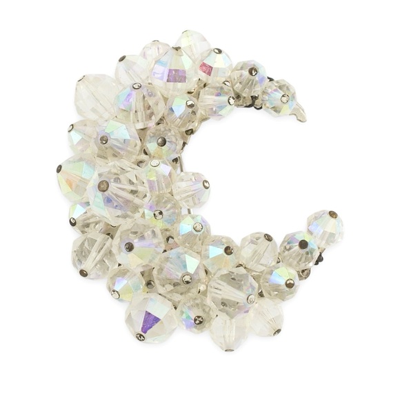 Vintage Crescent Moon Brooch with Iridescent Aurora Borealis Crystal Beads - Picture 1 of 4